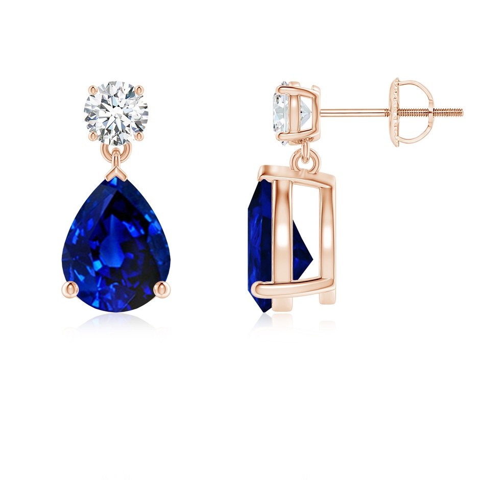 9x7mm Lab-Grown Pear-Shaped Blue Sapphire Drop Earrings with Diamond in Rose Gold 