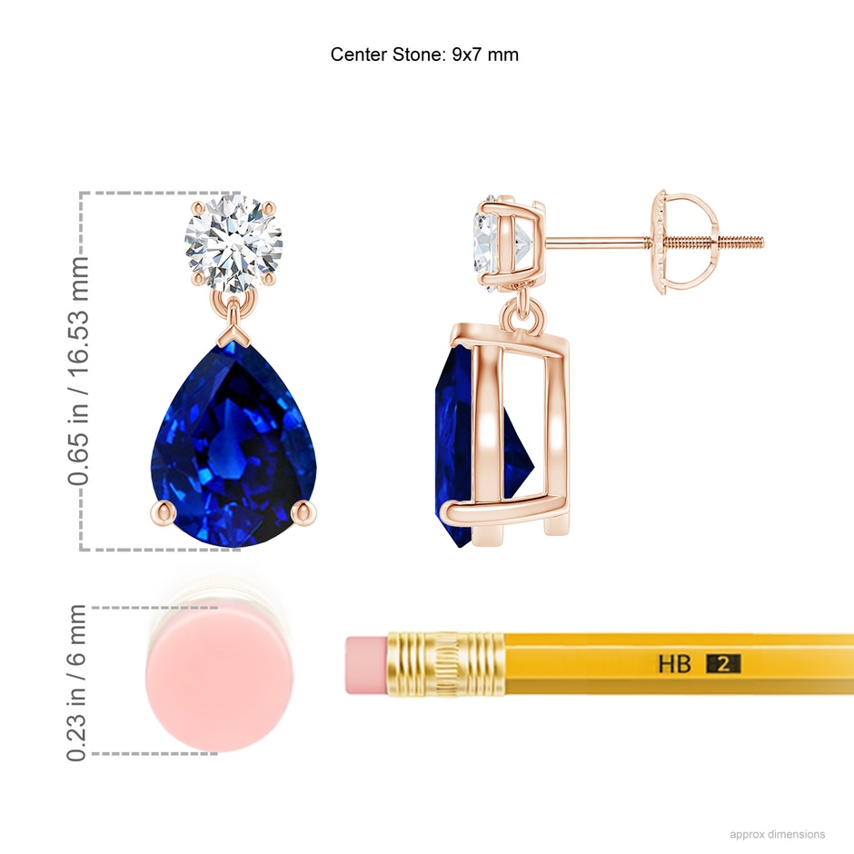 9x7mm Lab-Grown Pear-Shaped Blue Sapphire Drop Earrings with Diamond in Rose Gold ruler