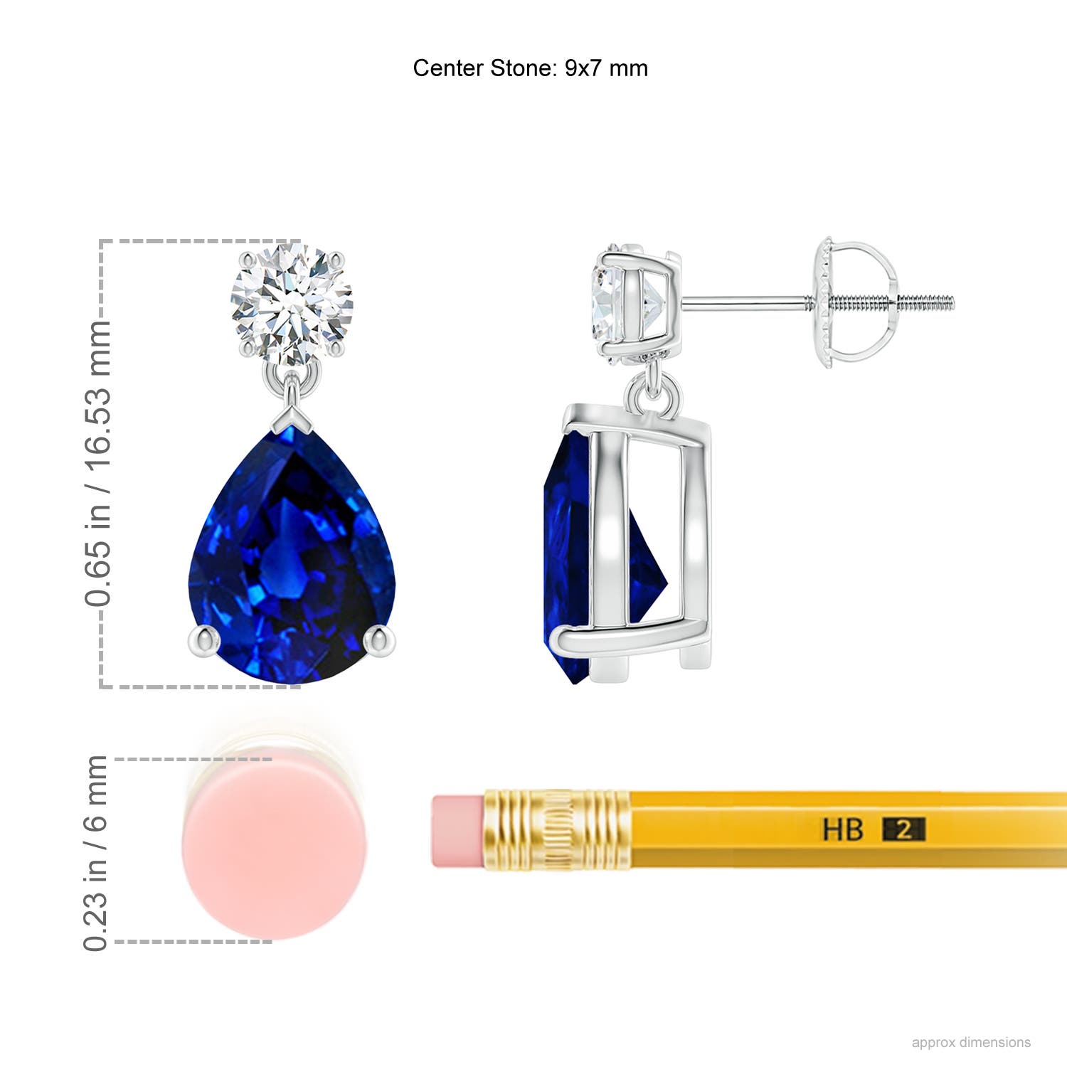 9x7mm AAAA Pear-Shaped Blue Sapphire Drop Earrings with Diamond in White Gold - ruler