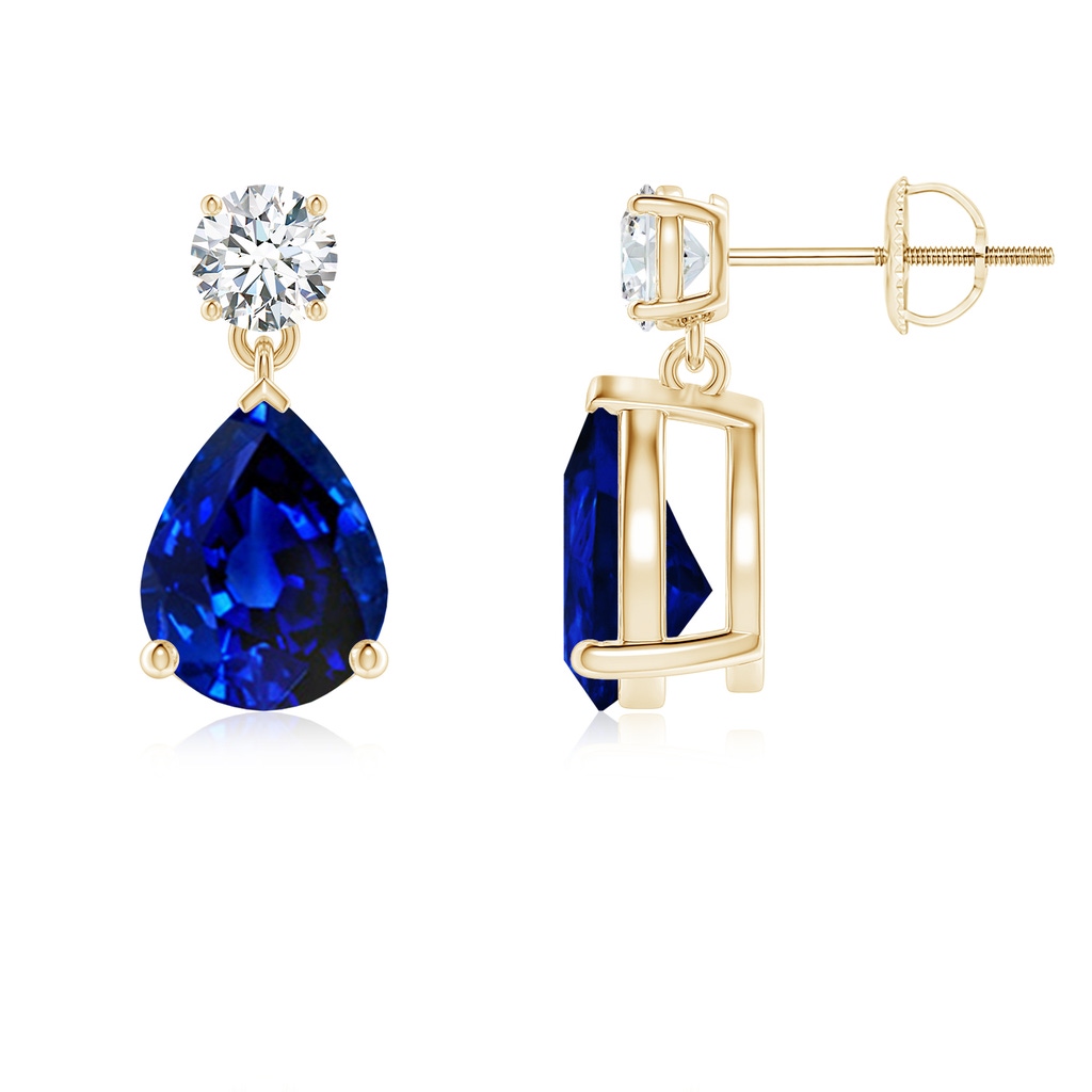 9x7mm Lab-Grown Pear-Shaped Blue Sapphire Drop Earrings with Diamond in Yellow Gold