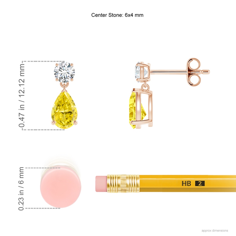 6x4mm AAAA Pear-Shaped Fancy Intense Yellow Diamond Drop Earrings in 9K Rose Gold ruler