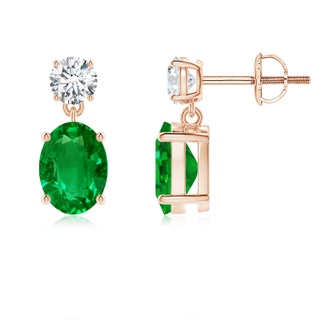 8x6mm AAAA Oval Emerald Drop Earrings with Diamond in Rose Gold