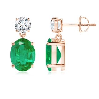 9x7mm AA Oval Emerald Drop Earrings with Diamond in Rose Gold