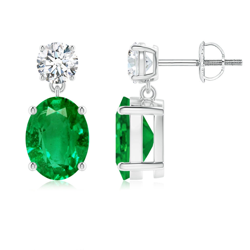 9x7mm AAA Oval Emerald Drop Earrings with Diamond in White Gold