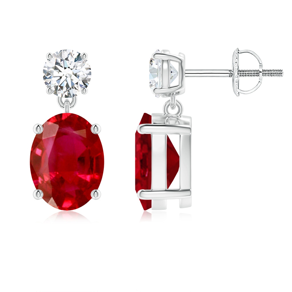 9x7mm AAA Oval Ruby Drop Earrings with Diamond in White Gold