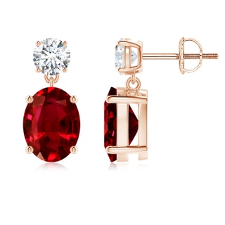 9x7mm AAAA Oval Ruby Drop Earrings with Diamond in Rose Gold