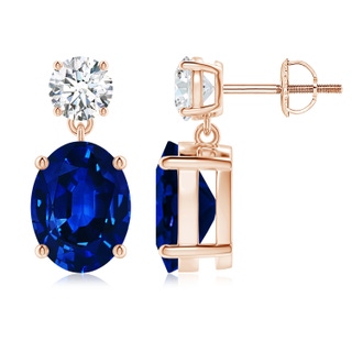 10x8mm AAAA Oval Blue Sapphire Drop Earrings with Diamond in 9K Rose Gold