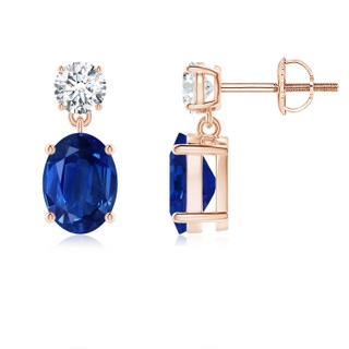 8x6mm AAA Oval Blue Sapphire Drop Earrings with Diamond in Rose Gold