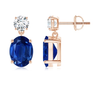 9x7mm AAA Oval Blue Sapphire Drop Earrings with Diamond in 9K Rose Gold