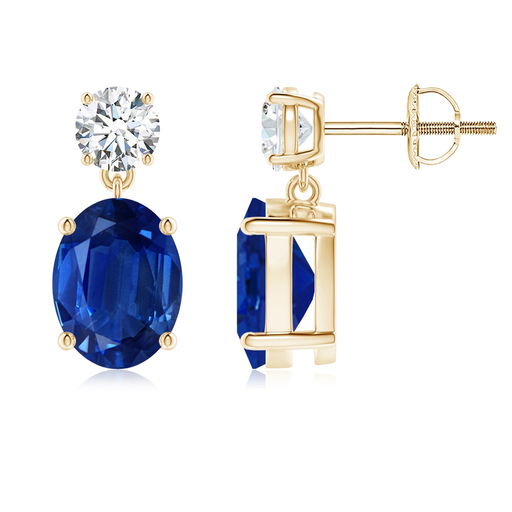 9x7mm AAA Oval Blue Sapphire Drop Earrings with Diamond in Yellow Gold 