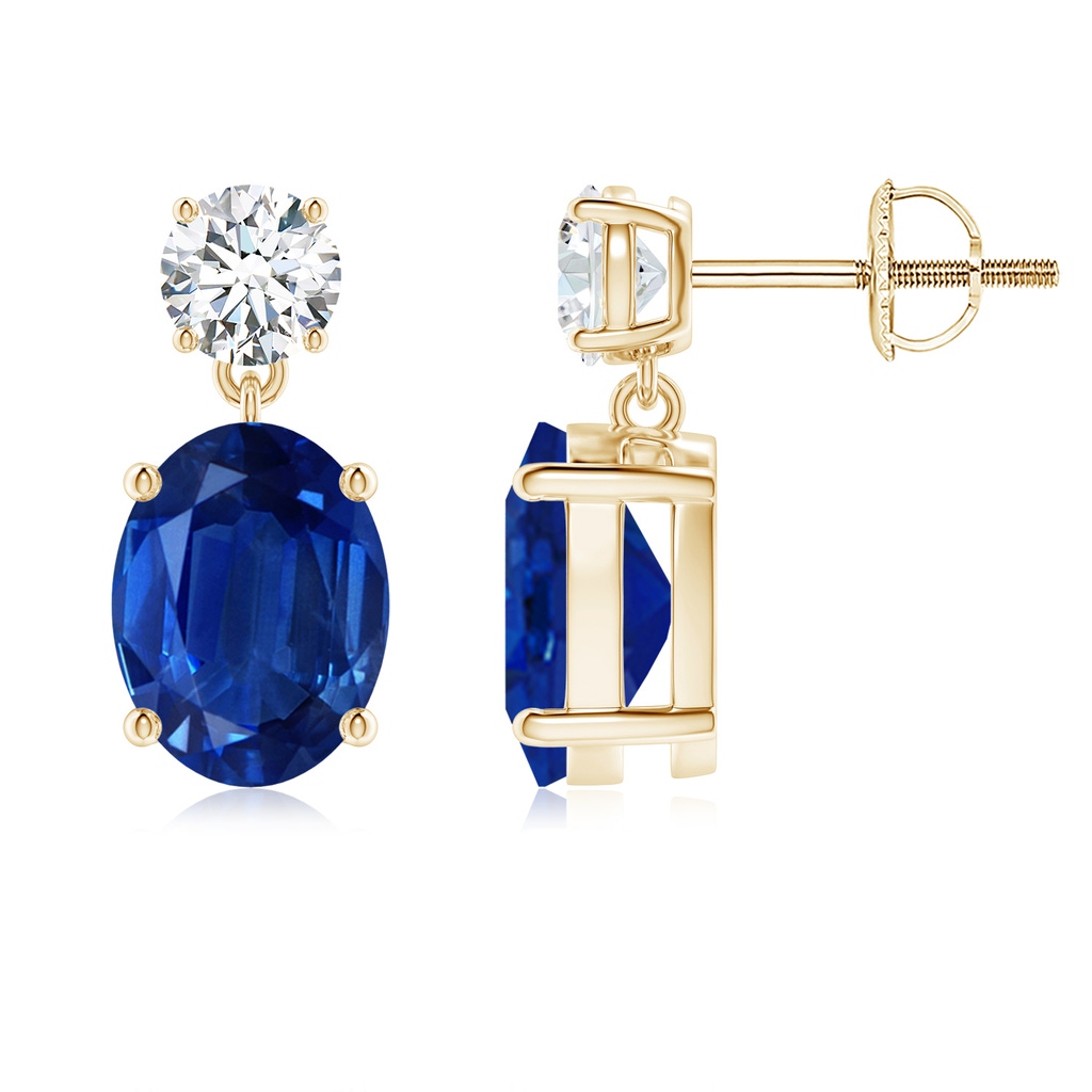 9x7mm AAA Oval Blue Sapphire Drop Earrings with Diamond in Yellow Gold