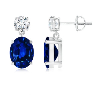 9x7mm AAAA Oval Blue Sapphire Drop Earrings with Diamond in P950 Platinum