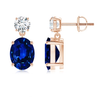 9x7mm AAAA Oval Blue Sapphire Drop Earrings with Diamond in Rose Gold