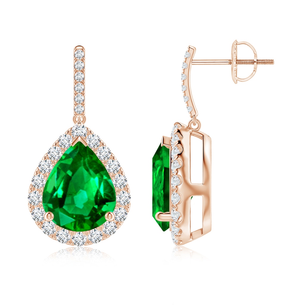 10x8mm AAAA Pear-Shaped Emerald Halo Dangle Earrings in Rose Gold