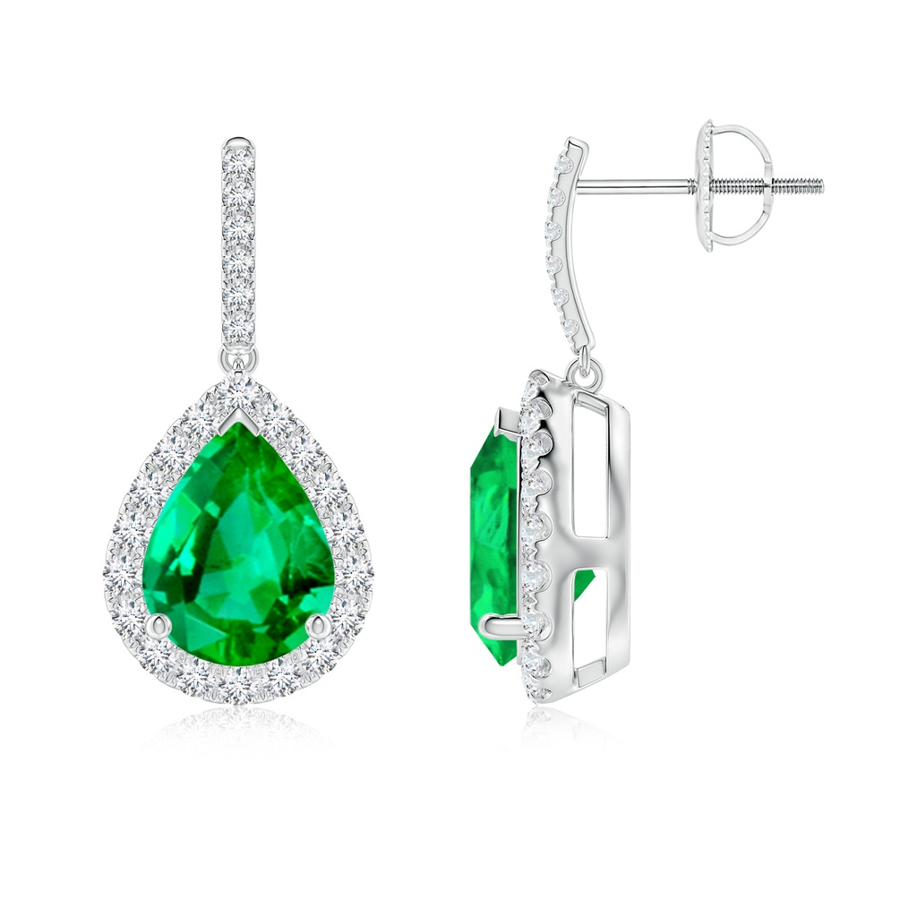 9x7mm AAA Pear-Shaped Emerald Halo Dangle Earrings in White Gold 