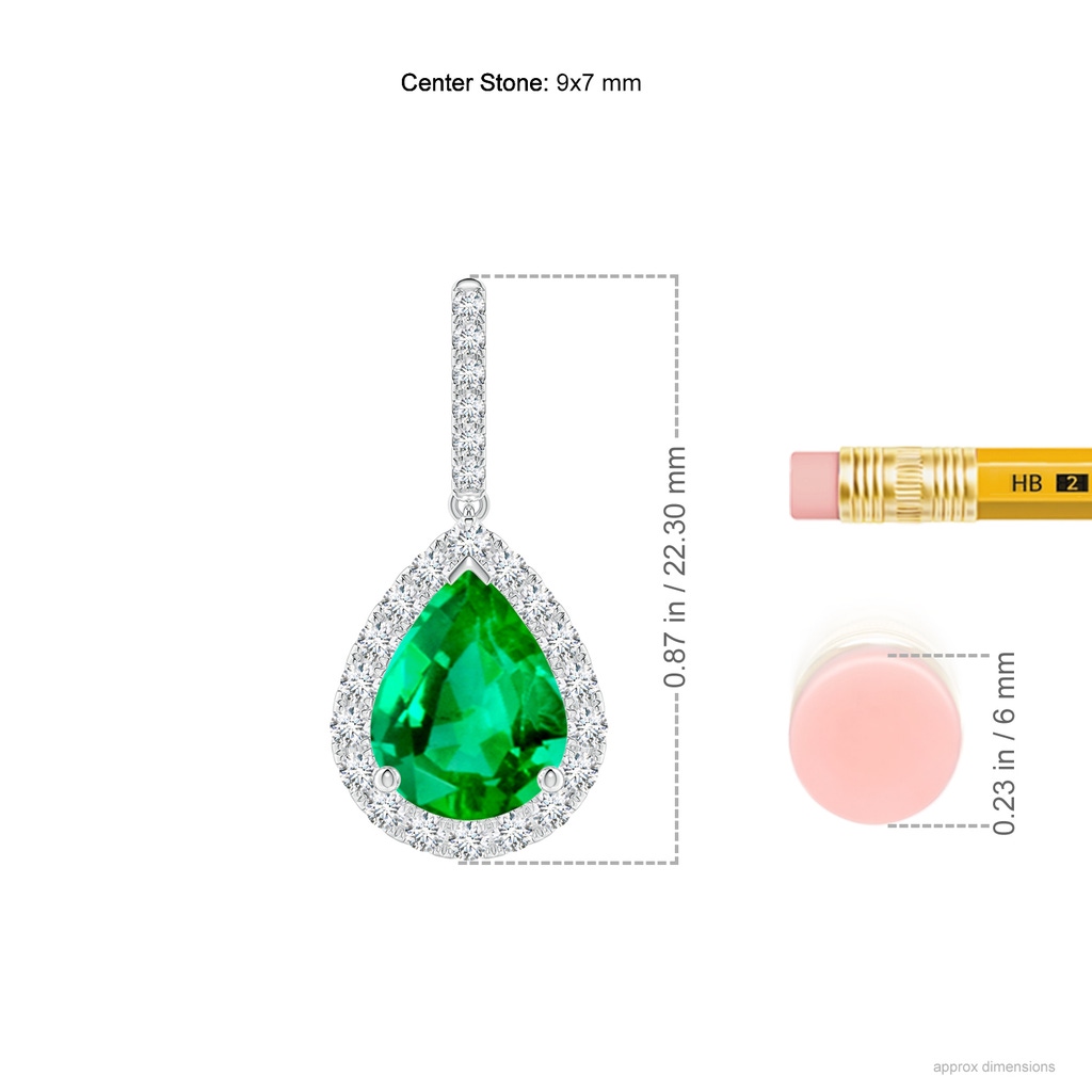 9x7mm AAA Pear-Shaped Emerald Halo Dangle Earrings in White Gold ruler