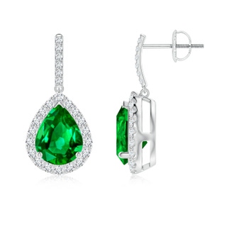 9x7mm AAAA Pear-Shaped Emerald Halo Dangle Earrings in P950 Platinum