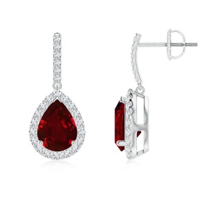 8x6mm AAAA Pear-Shaped Ruby Halo Dangle Earrings in P950 Platinum