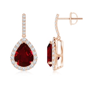 9x7mm AAAA Pear-Shaped Ruby Halo Dangle Earrings in Rose Gold