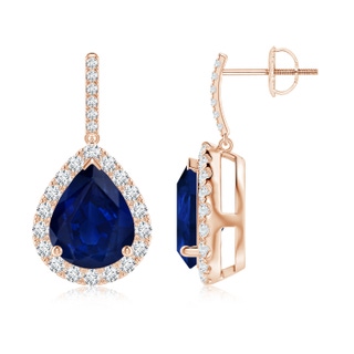 10x8mm AA Pear-Shaped Blue Sapphire Halo Dangle Earrings in Rose Gold