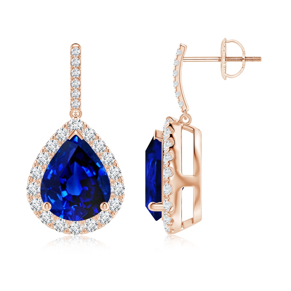 10x8mm Lab-Grown Pear-Shaped Blue Sapphire Halo Dangle Earrings in 18K Rose Gold 