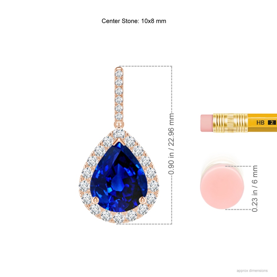 10x8mm Lab-Grown Pear-Shaped Blue Sapphire Halo Dangle Earrings in 18K Rose Gold ruler
