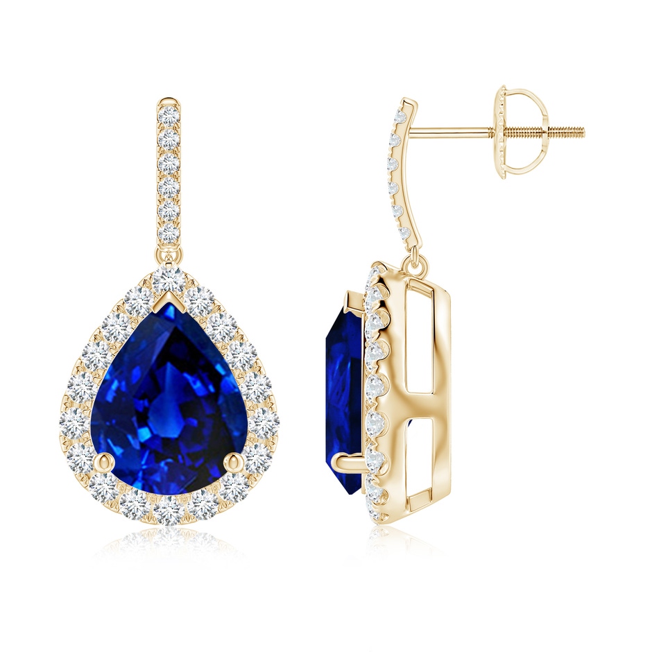 10x8mm Lab-Grown Pear-Shaped Blue Sapphire Halo Dangle Earrings in 18K Yellow Gold 