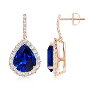 10x8mm AAAA Pear-Shaped Blue Sapphire Halo Dangle Earrings in Rose Gold