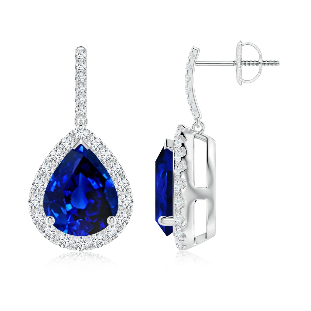 10x8mm Lab-Grown Pear-Shaped Blue Sapphire Halo Dangle Earrings in White Gold