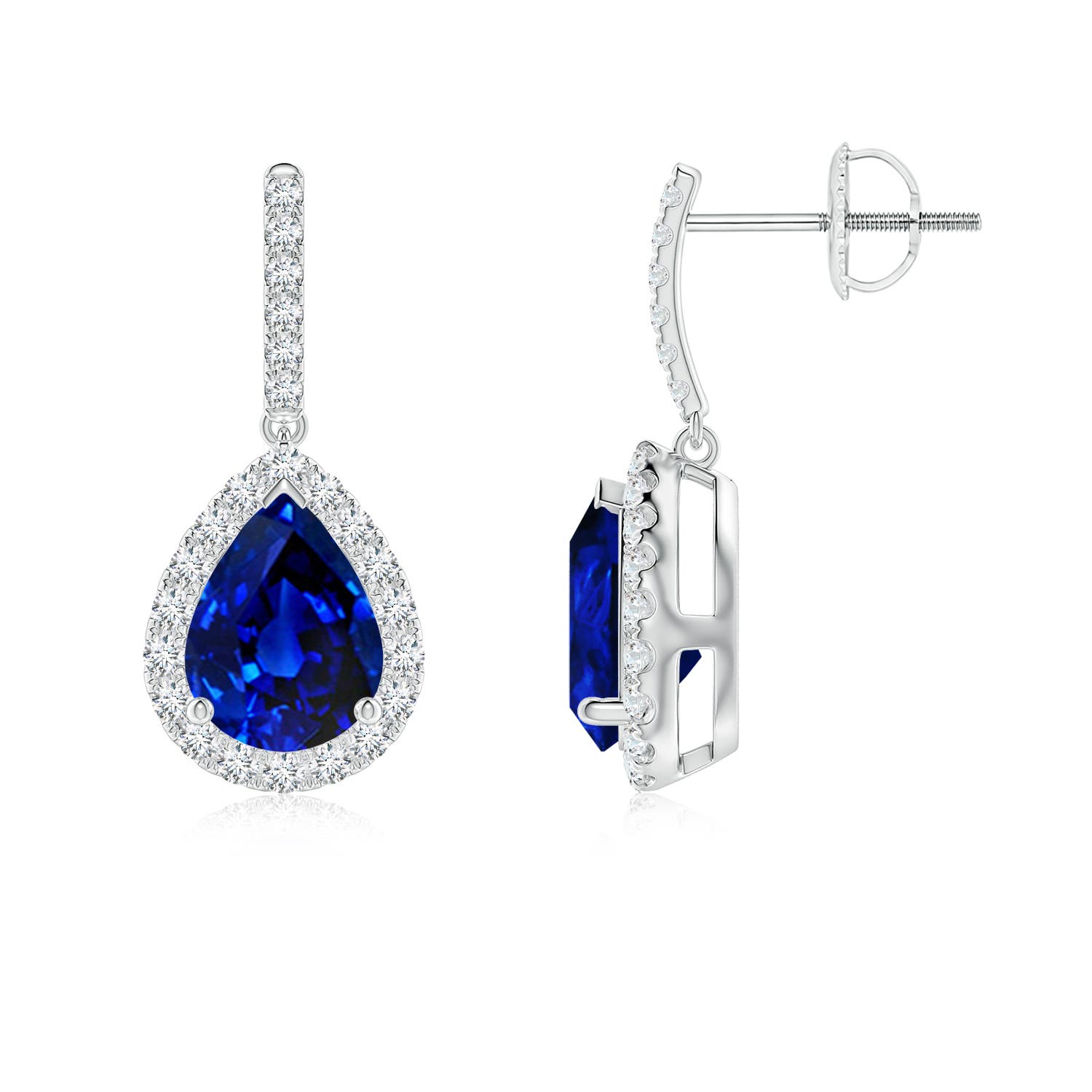 8x6mm AAAA Pear-Shaped Blue Sapphire Halo Dangle Earrings in 18CT White Gold