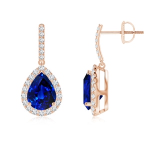 8x6mm Lab-Grown Pear-Shaped Blue Sapphire Halo Dangle Earrings in Rose Gold