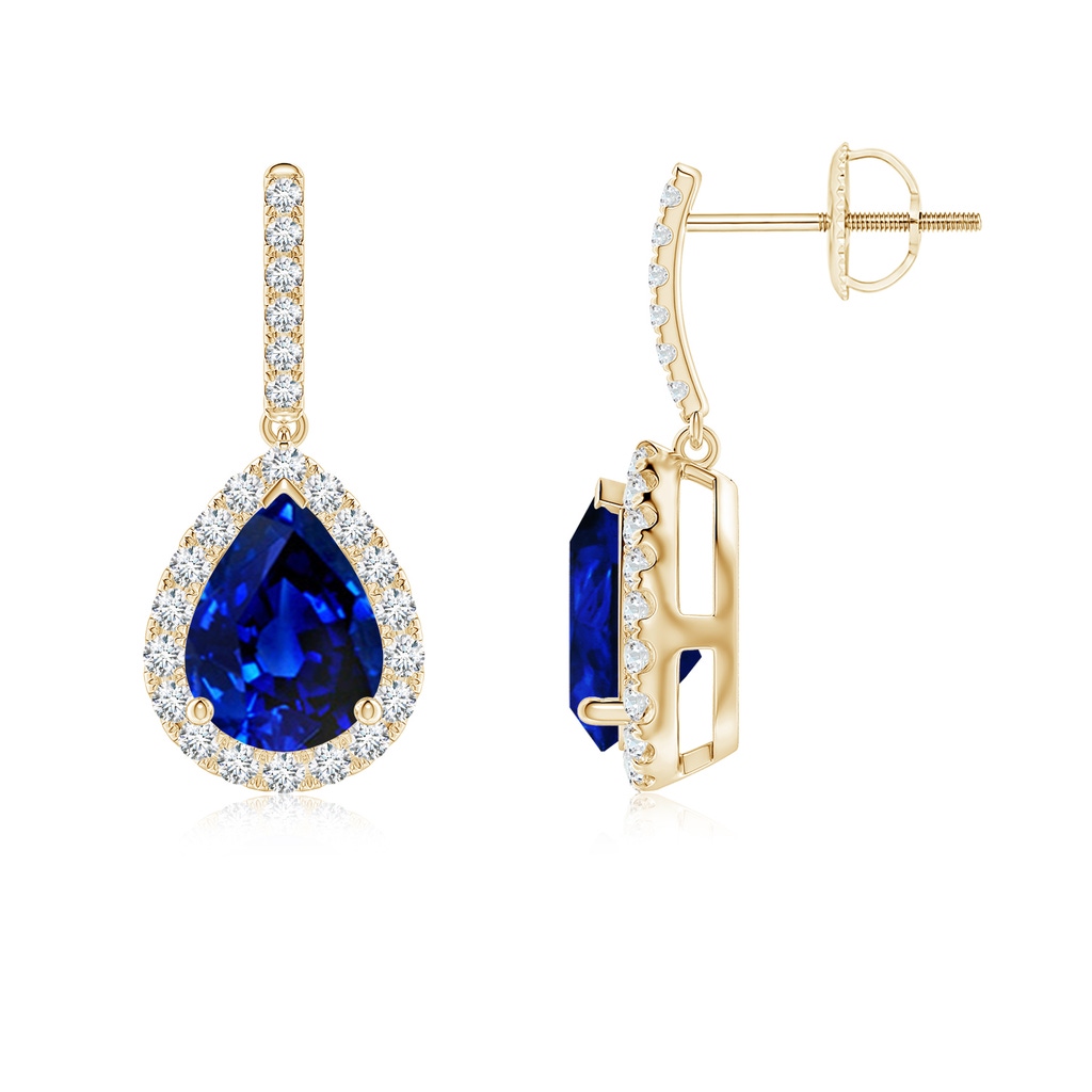 8x6mm Lab-Grown Pear-Shaped Blue Sapphire Halo Dangle Earrings in Yellow Gold