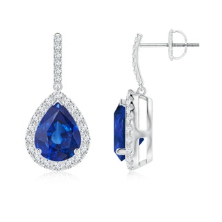 9x7mm AAA Pear-Shaped Blue Sapphire Halo Dangle Earrings in P950 Platinum