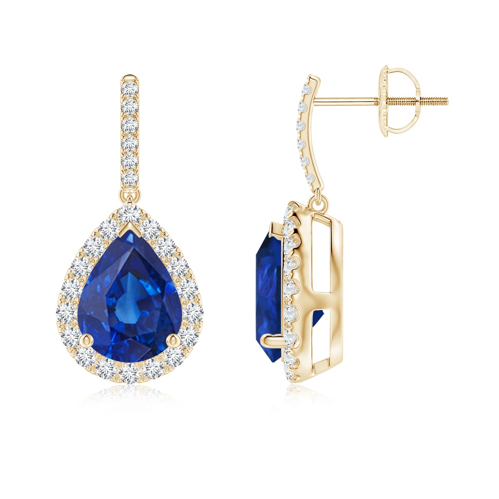 9x7mm AAA Pear-Shaped Blue Sapphire Halo Dangle Earrings in Yellow Gold 