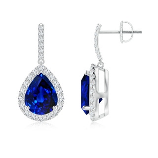 9x7mm Lab-Grown Pear-Shaped Blue Sapphire Halo Dangle Earrings in P950 Platinum