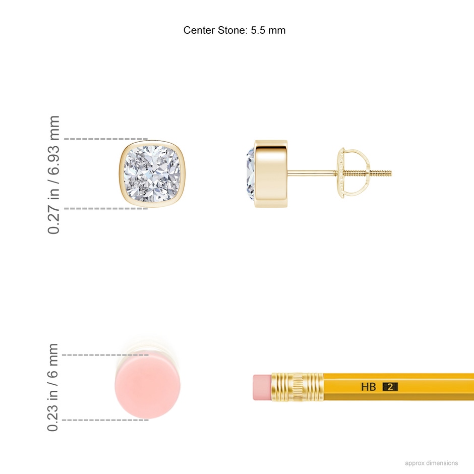 5.5mm HSI2 Classic Cushion Diamond Solitaire Stud Earrings in Yellow Gold ruler