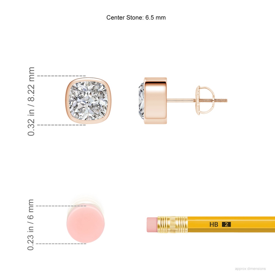 6.5mm IJI1I2 Classic Cushion Diamond Solitaire Stud Earrings in Rose Gold ruler