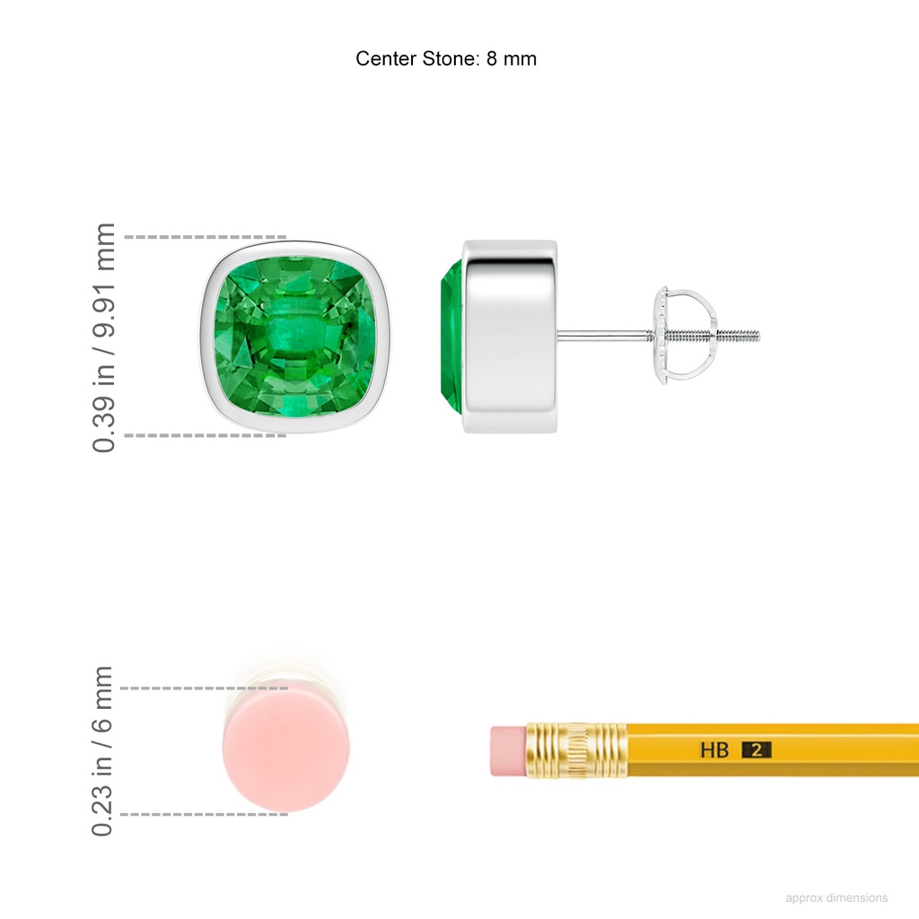 8mm AAA Classic Cushion Emerald Solitaire Stud Earrings in White Gold ruler