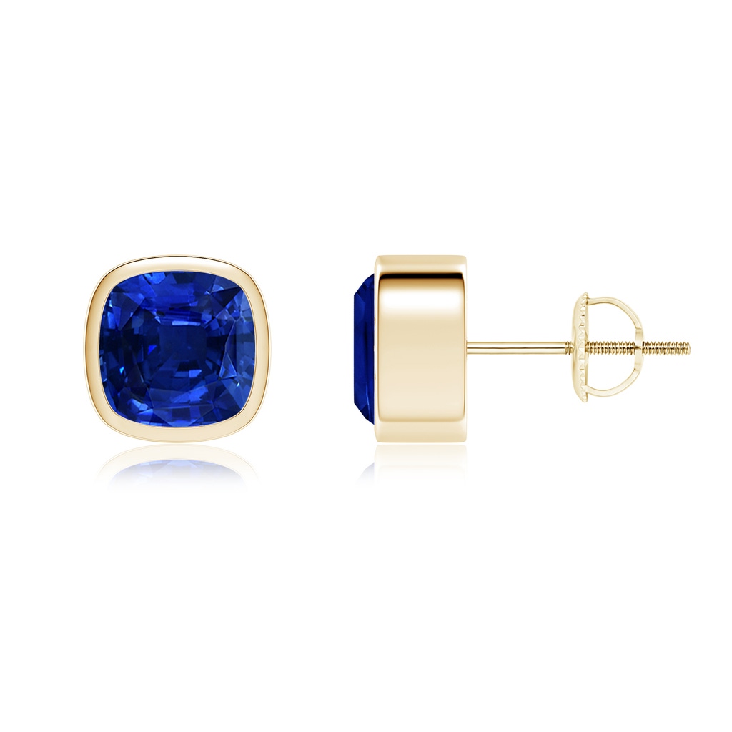 7mm Lab-Grown Classic Cushion Blue Sapphire Solitaire Stud Earrings in Yellow Gold