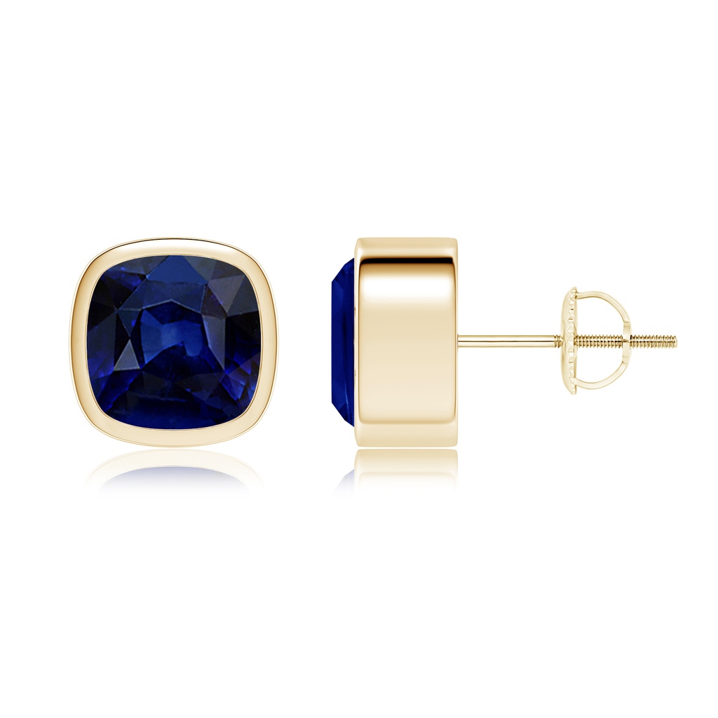 8mm AAA Classic Cushion Blue Sapphire Solitaire Stud Earrings in Yellow Gold