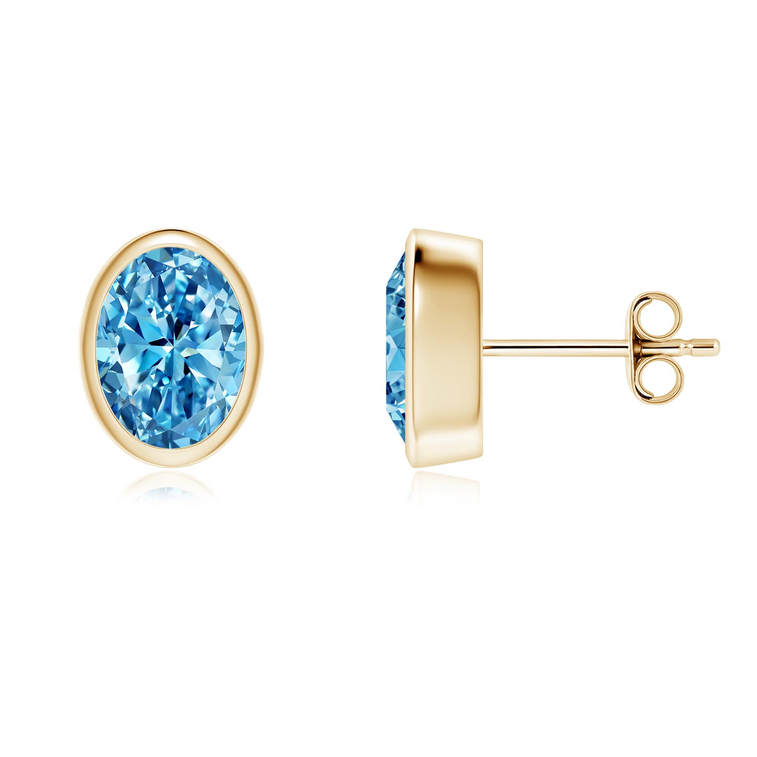 Angara 2.0 CTW Classic Oval Fancy Intense Blue Diamond Solitaire Stud Earrings in 14K Yellow Gold