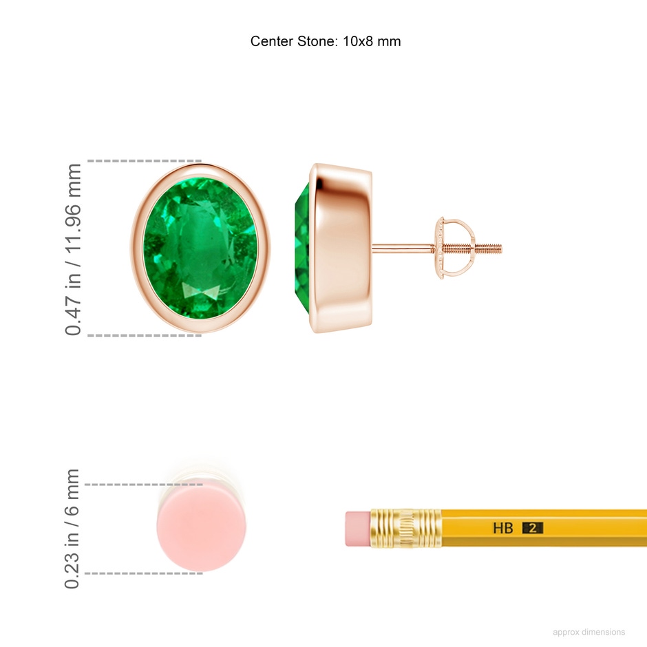 10x8mm AAA Classic Oval Emerald Solitaire Stud Earrings in Rose Gold ruler