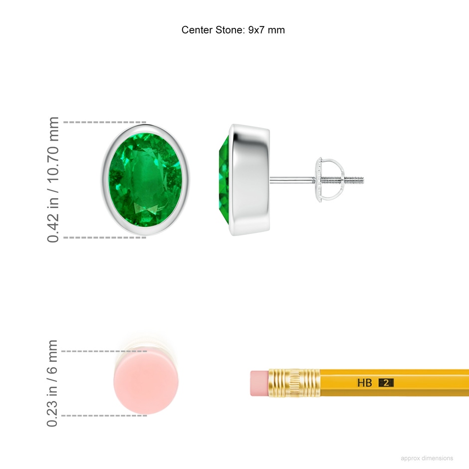 9x7mm AAAA Classic Oval Emerald Solitaire Stud Earrings in P950 Platinum ruler