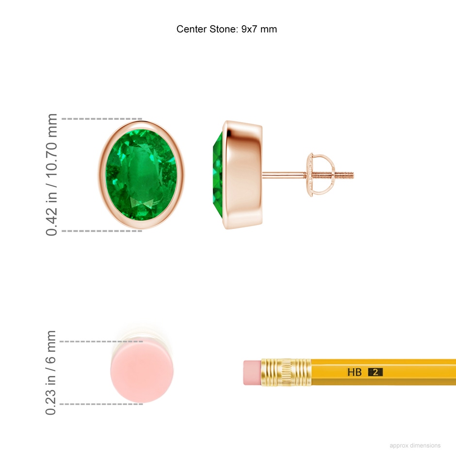 9x7mm AAAA Classic Oval Emerald Solitaire Stud Earrings in Rose Gold ruler