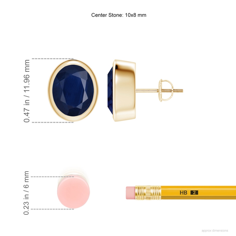 10x8mm A Classic Oval Blue Sapphire Solitaire Stud Earrings in Yellow Gold ruler