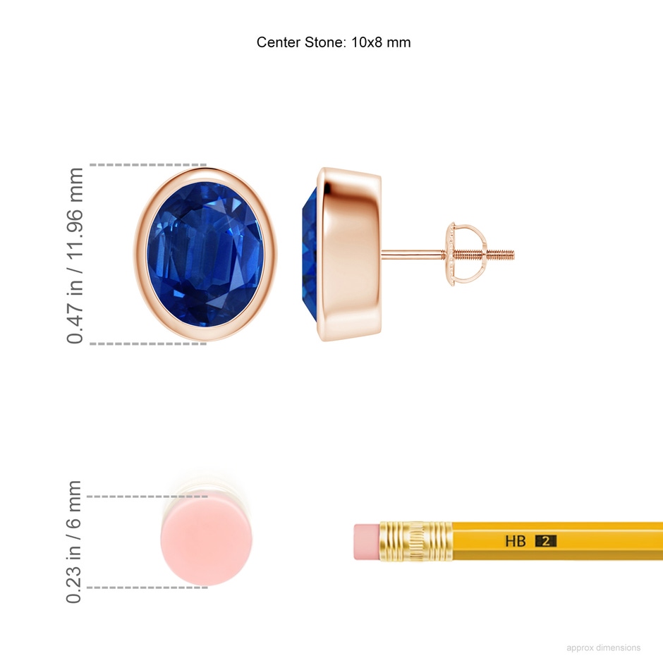 10x8mm AAA Classic Oval Blue Sapphire Solitaire Stud Earrings in Rose Gold ruler