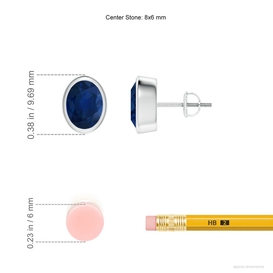 8x6mm AA Classic Oval Blue Sapphire Solitaire Stud Earrings in P950 Platinum ruler