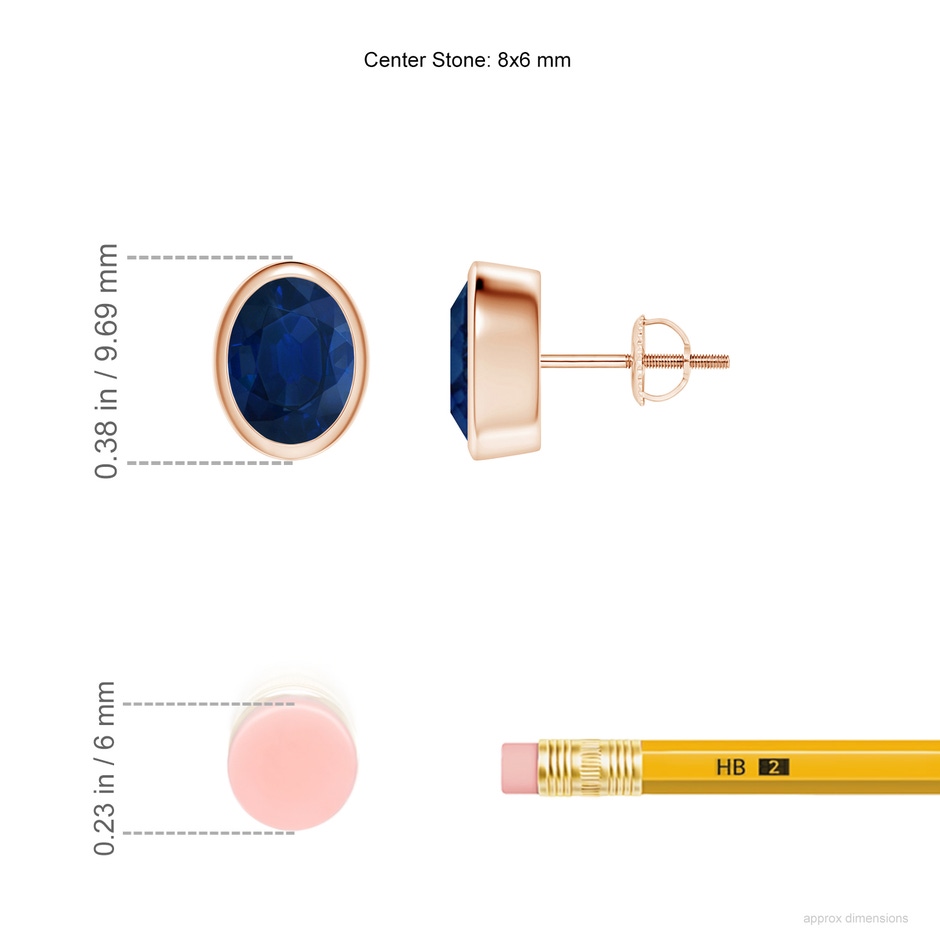 8x6mm AA Classic Oval Blue Sapphire Solitaire Stud Earrings in Rose Gold ruler