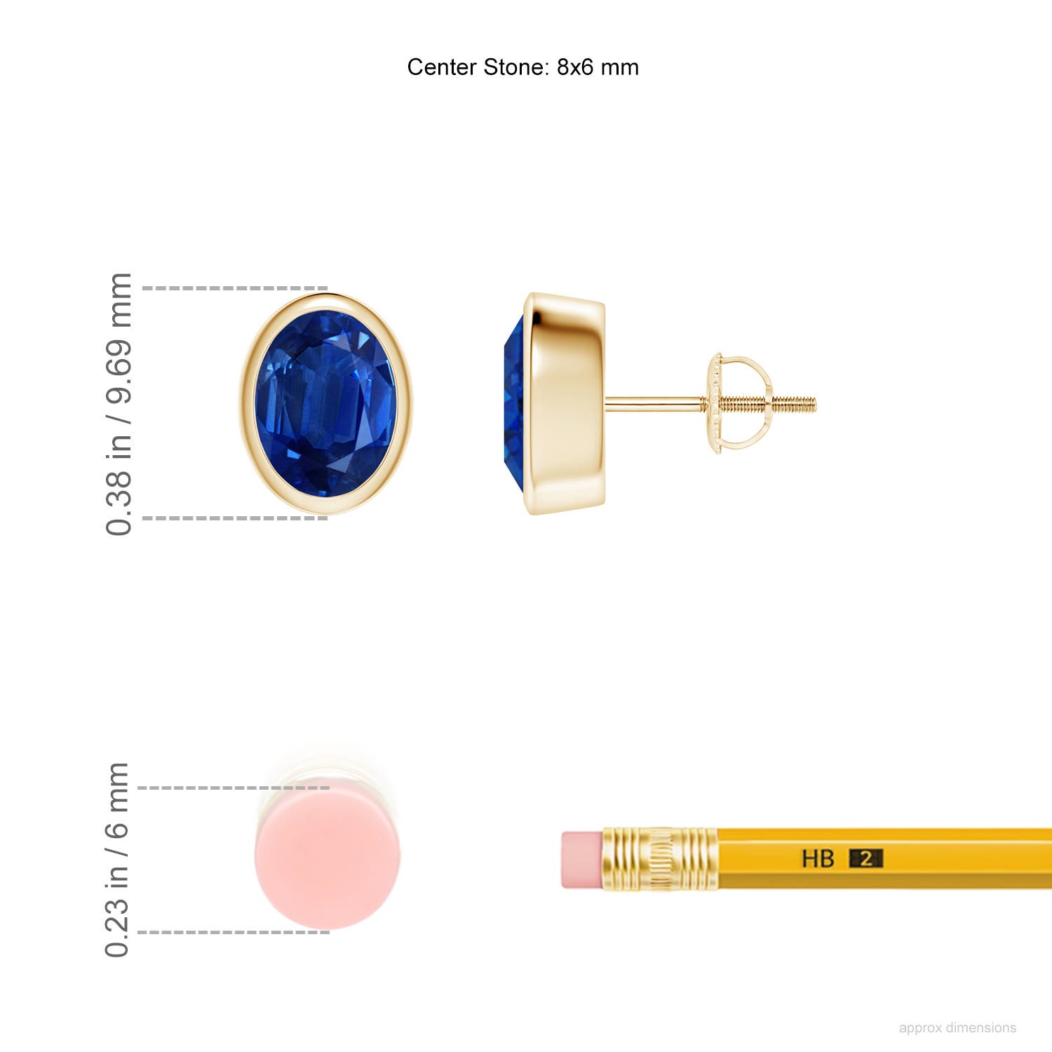 8x6mm AAA Classic Oval Blue Sapphire Solitaire Stud Earrings in Yellow Gold - ruler