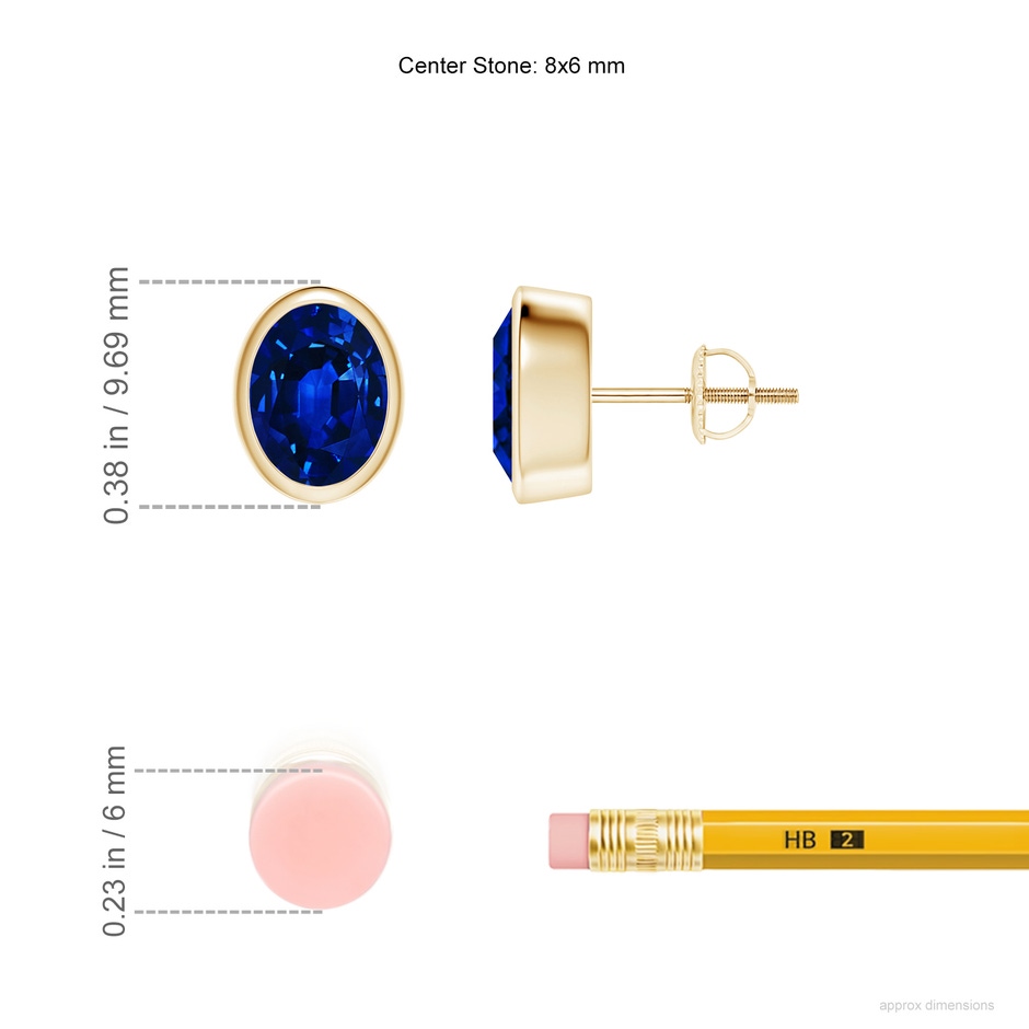 8x6mm Lab-Grown Classic Oval Blue Sapphire Solitaire Stud Earrings in Yellow Gold ruler